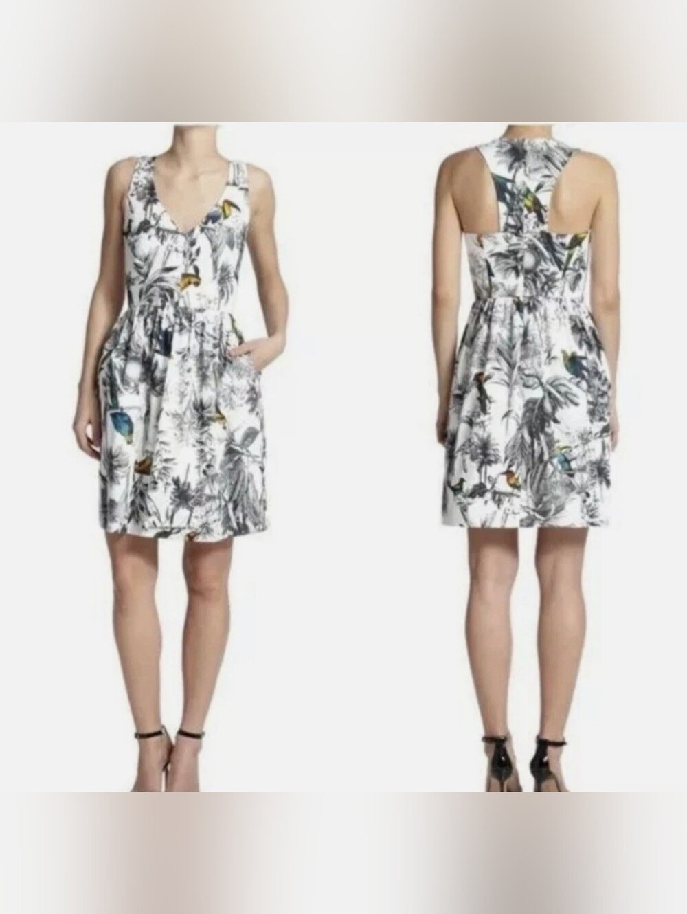 Milly Isadora Tropical Botanical Floral Toucan Bird Print V-neck Racerback Dress